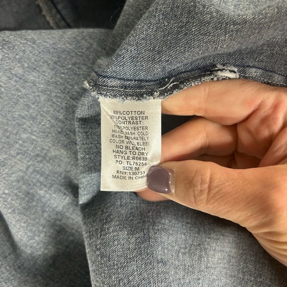 Umgee Boho Oversized Baggy Distressed Fringe Washed Denim & Plaid Shacket Sz M - Picture 8 of 13